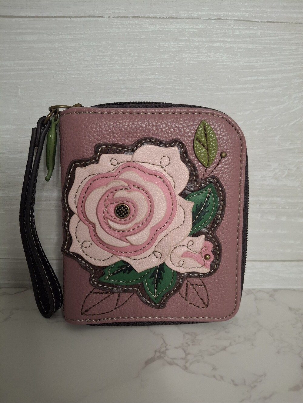 Chala Pink Rose Floral Appliqué Zip Around Wallet Wristlet NWOT